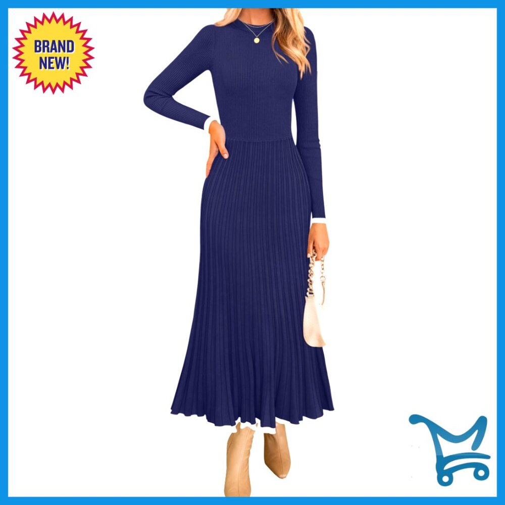 Ribbed Knit Sweater Dress Long Sleeve Crewneck Pleated A-Line Elegant Formal
